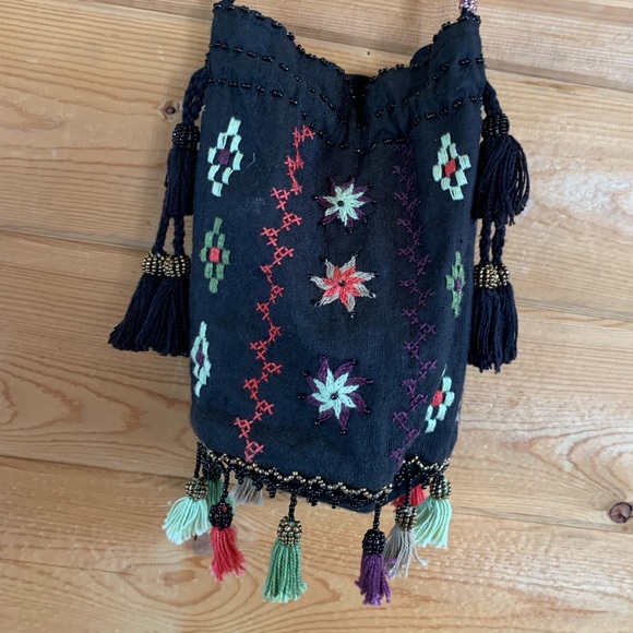 Handmade Beaded Embroidered Purse Tasseled Egyptian Black Boho Floral Bag Hippie - Picture 2 of 15